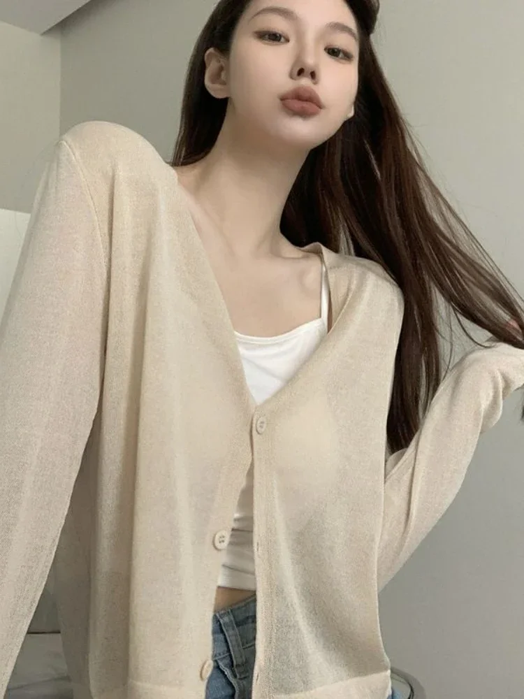 Cardigan Women Sheer Solid 4 Colors Designed Ins Simple All-match Sunscreen Daily Creativity Basics Korean Style Leisure Sweet
