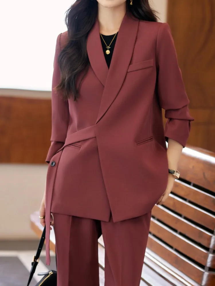 

Office Lady Solid Blazer Pantsuits Women Casual Formal Sashes Jackets Coat High Waist Wide Leg Pants Two Pieces Female Outfits