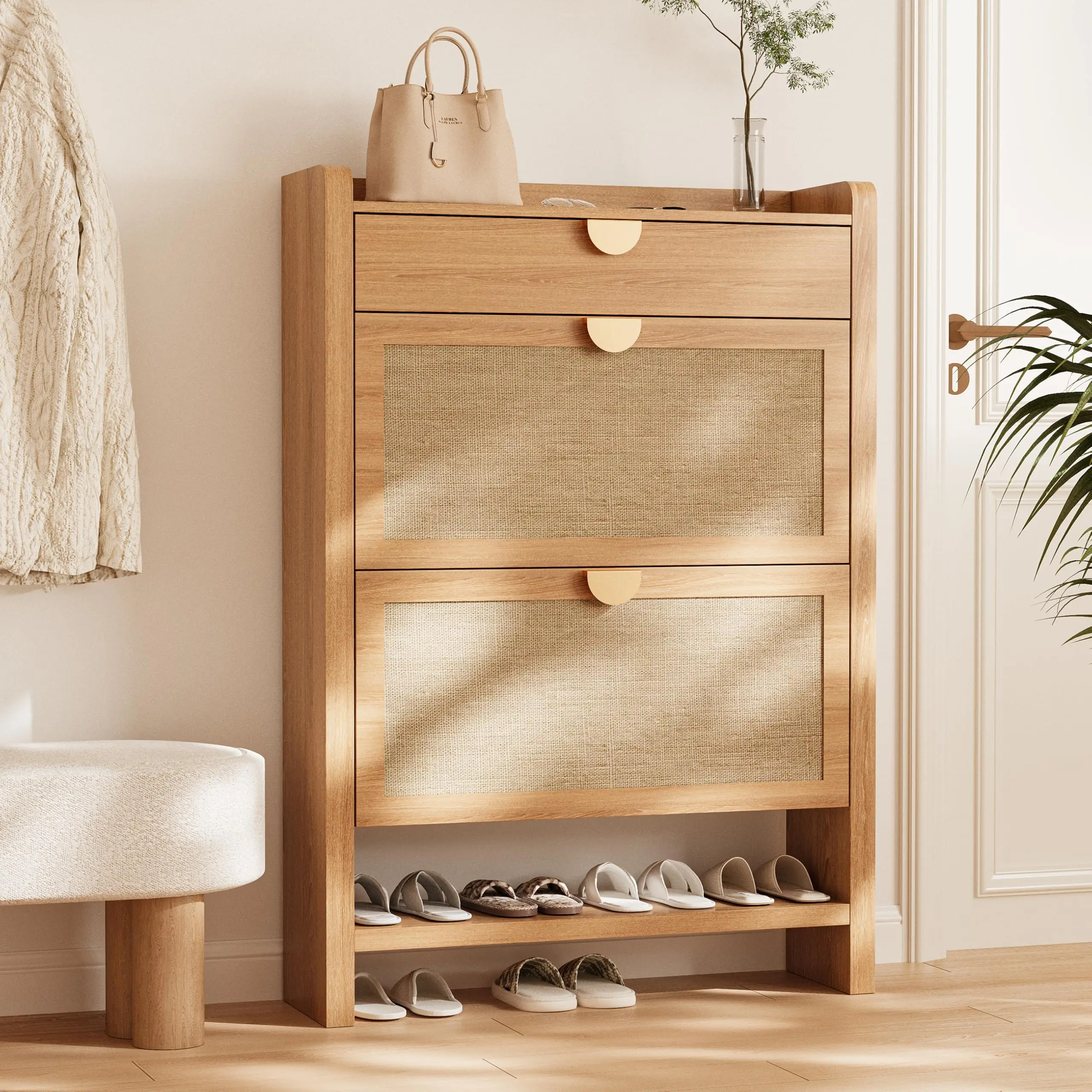 Rattan Shoe Storage Cabinet, Shoe Organizer with 2 Flip Drawers, Narrow Shoe Cabinet, Free Standing Hidden