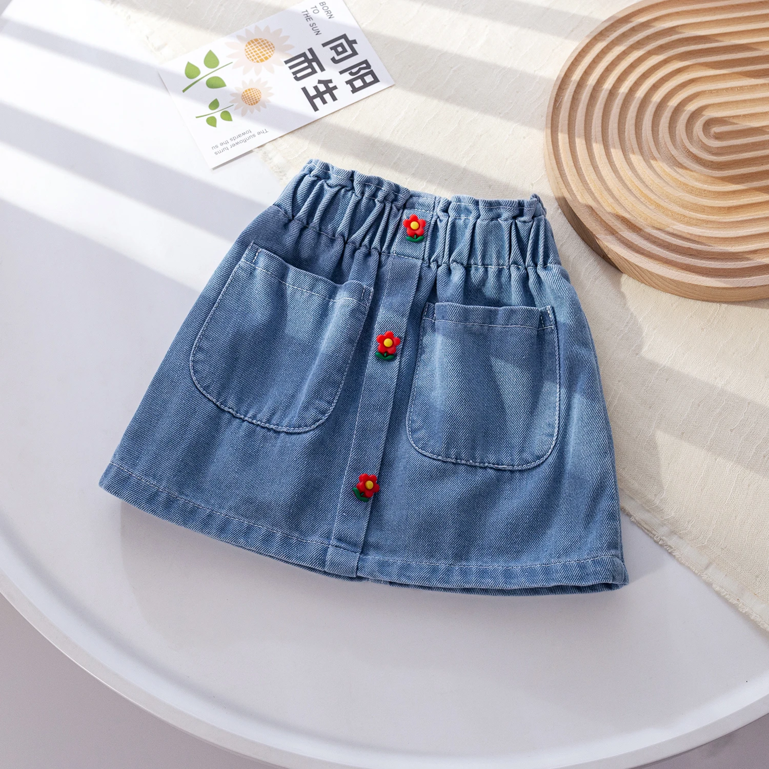 Summer Baby Girls Denim Skirt Elastic Waist Flower Buttons Short Skirt Korean Style Solid Color Casual Jean Skirt 1-6Years