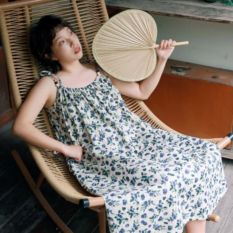 

Women's Summer 100% Cotton Double Gauze Berry Print Tie-Shoulder Sleeveless Loose A-Line Midi Loungewear Dress.