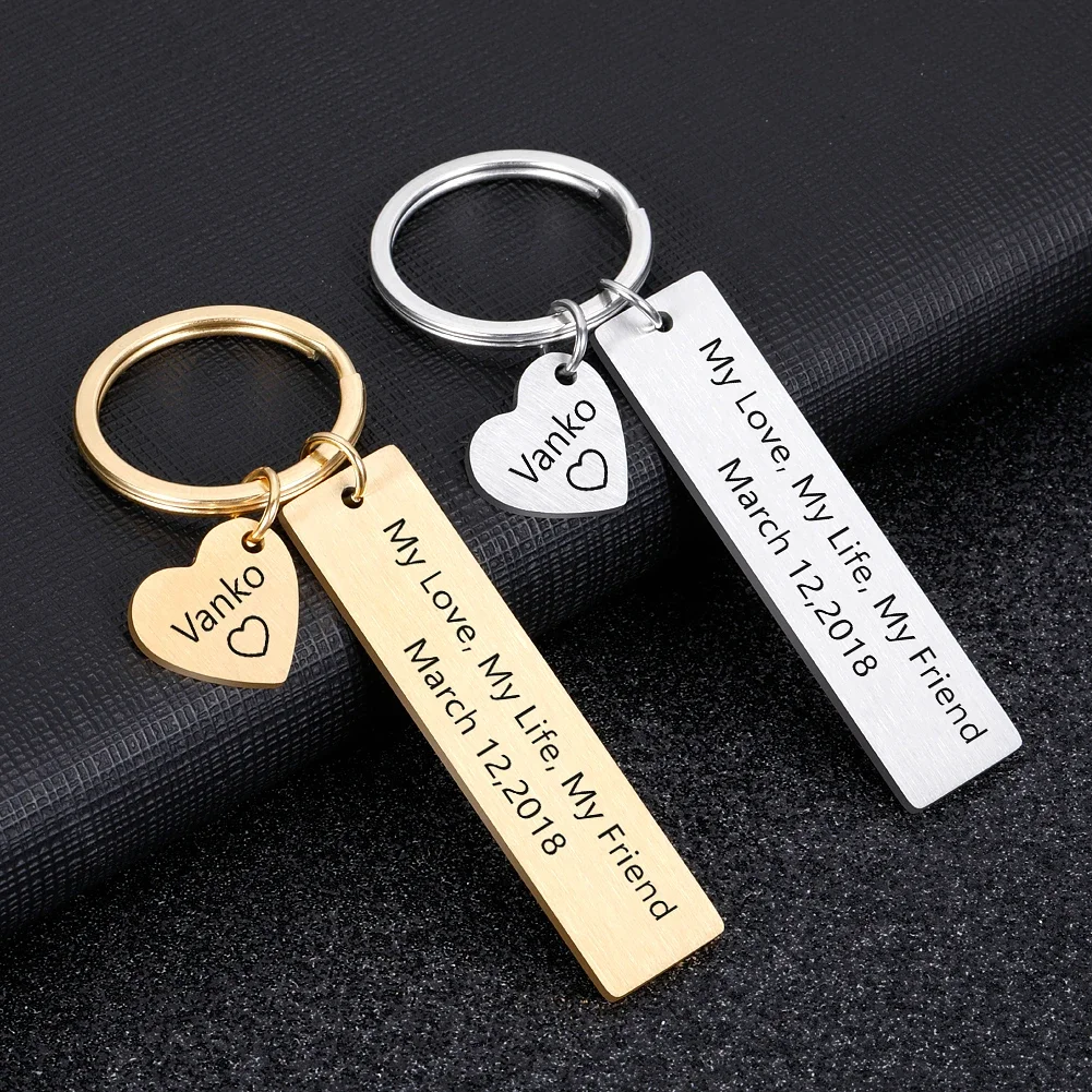 Laser Engrave Stainless Steel Text Words Keychain Custom Date Promise Keyring Gift for Couples Men Women Wedding Anniversary