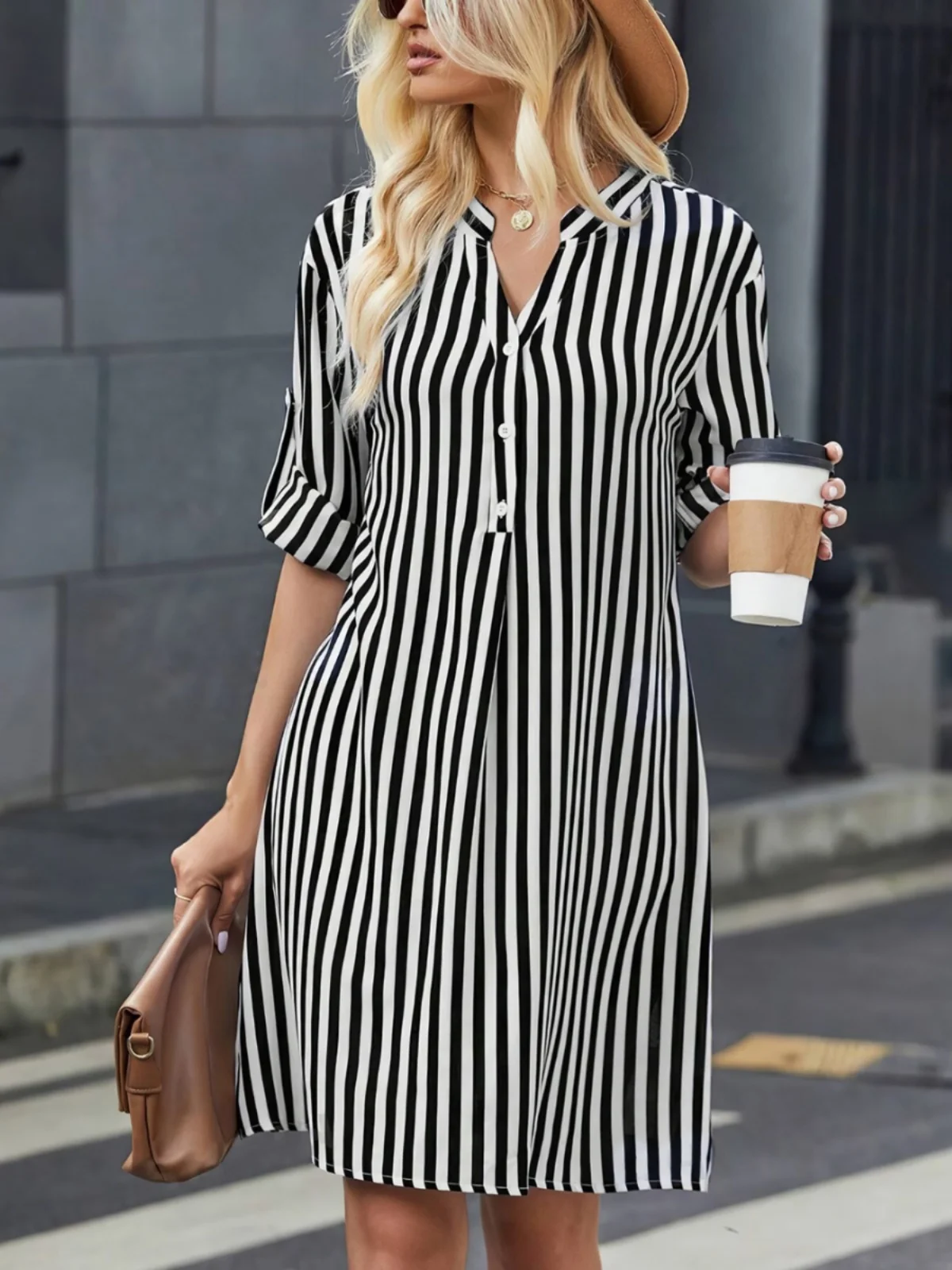 Jesienna Nowa Luźna Długa Bluzka z Dekoltem w Serek, Wzorem w Paski, Casualowa, o Średniej Długości, Damska, Modna, z Włókna Poliestrowego