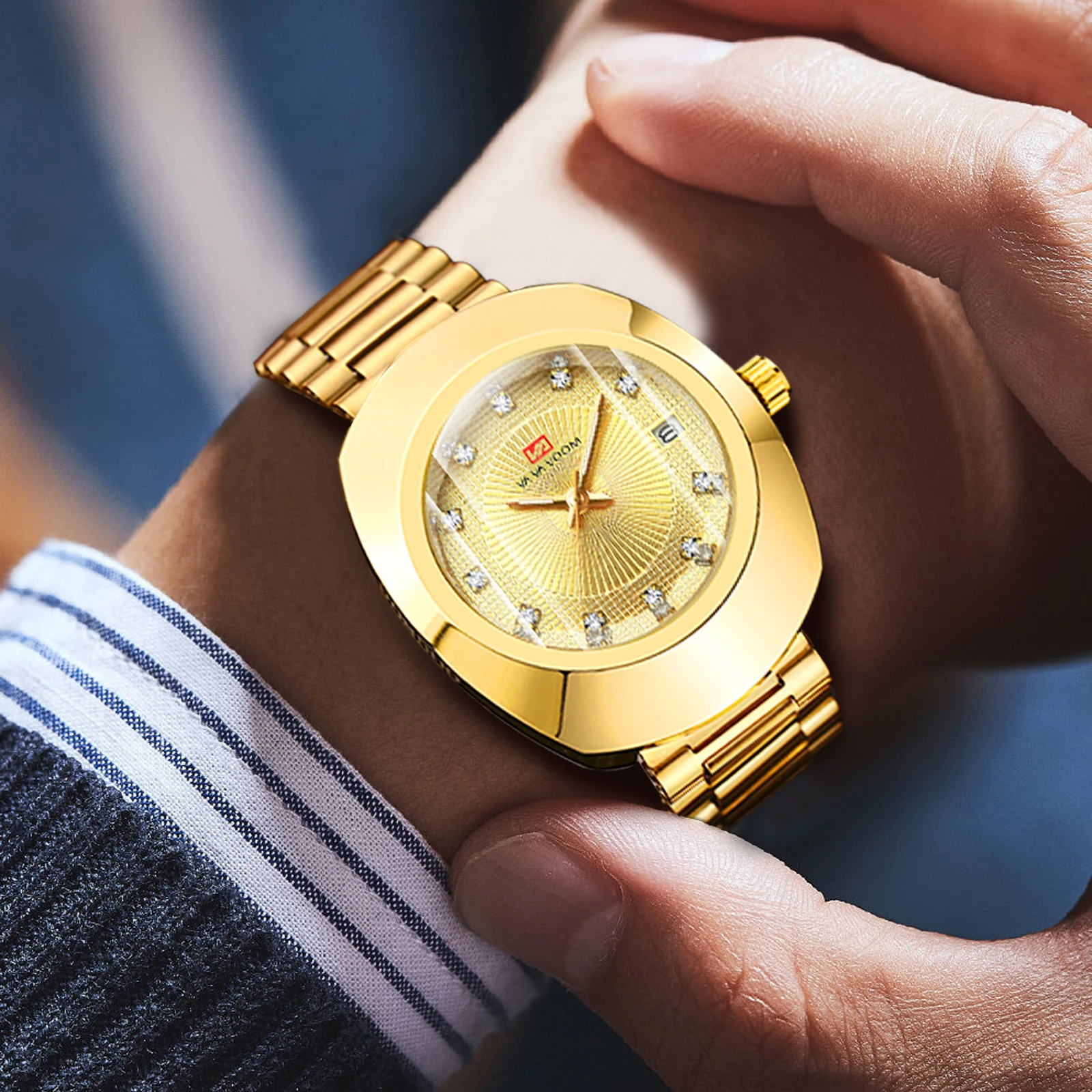 VA VA VOOM Brand Creative Oval Mens Watch Quartz Movement Stainless Steel Mesh Belt 3Bar Gold Gorgeous Rhinestone Wrist Watches