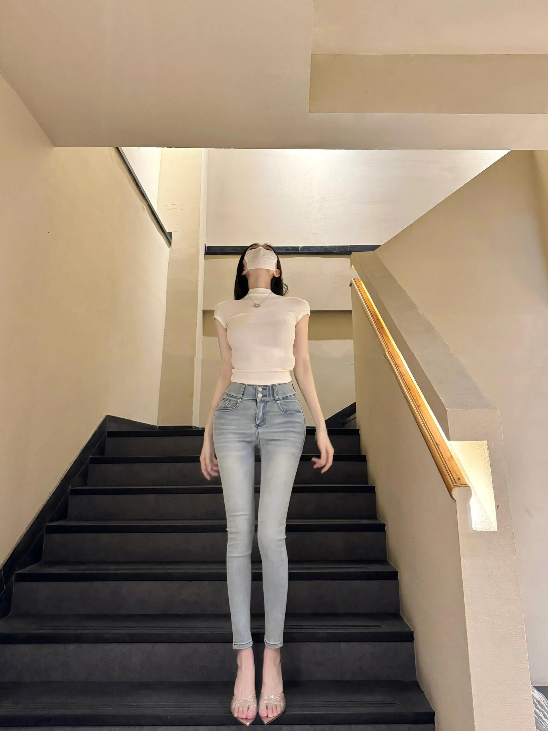 

High Waist Stretchy Slimming Blue Jeans Women's High Waist Elastic Pencil Nine Points Casual Cotton Stretch Denim Summer