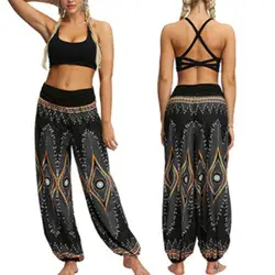 Women Trousers Loose Wide Leg Pants Pants Elastic Waist Bohemian Woman Feather/Flower Print Baggy Harem Pantalon Femme