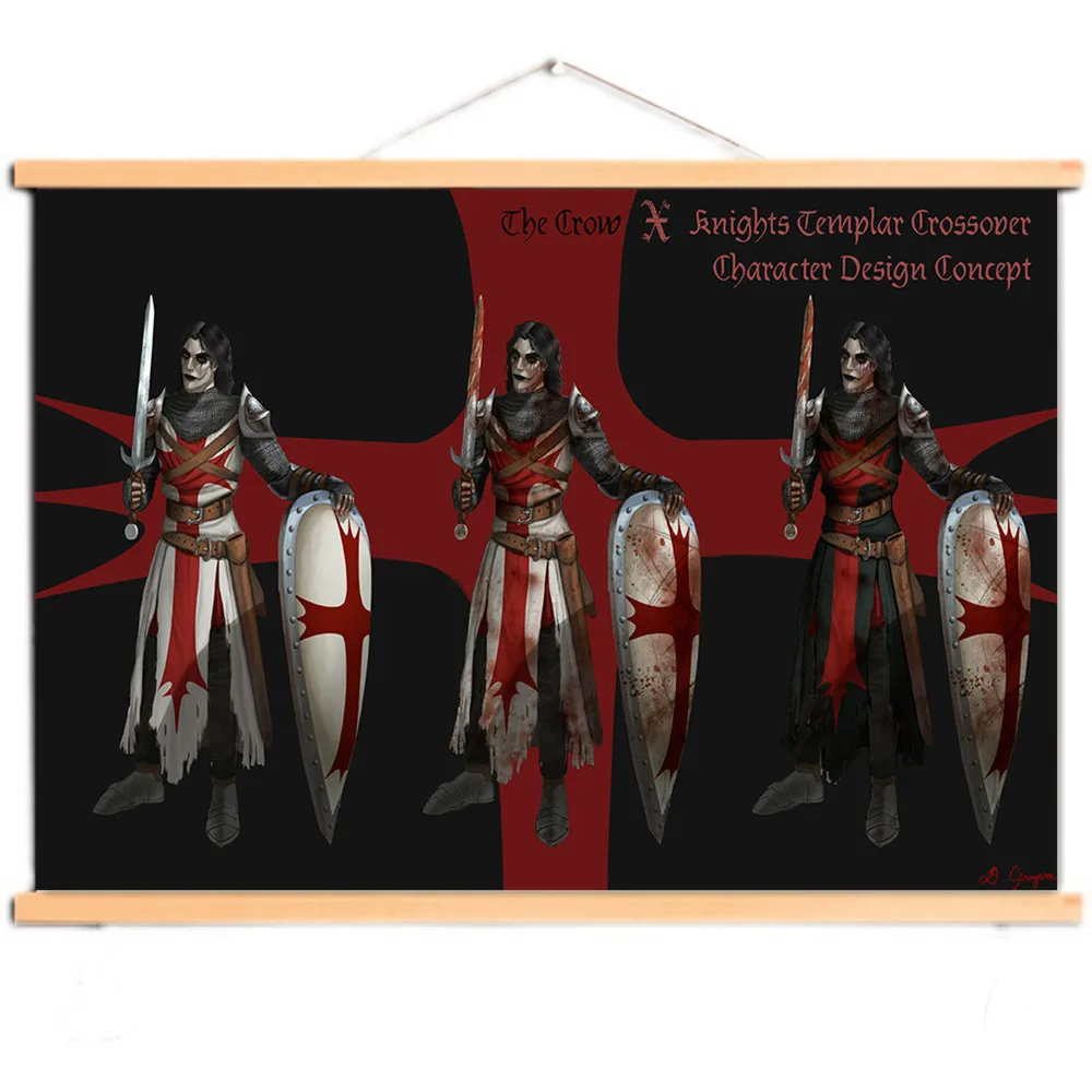 The Crusades Wall Hanging Flag Vintage Home Decor,  Knights Templar Art Posters Canvas Scroll Painting with Solid Wood Axis V0