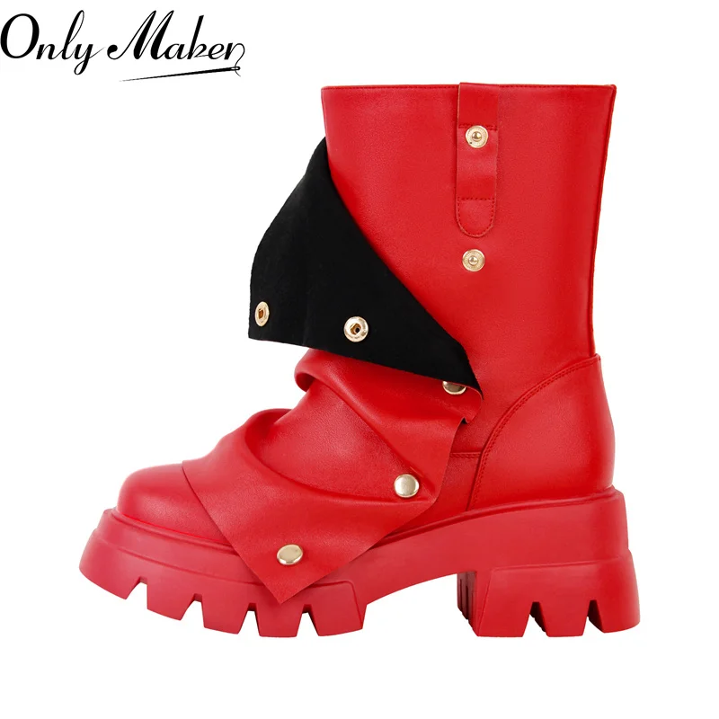 Onlymaker Women Plaftorm Round Toe Red Fold Over Boots Block Heel Western Pull on Fashion Ankle Boots