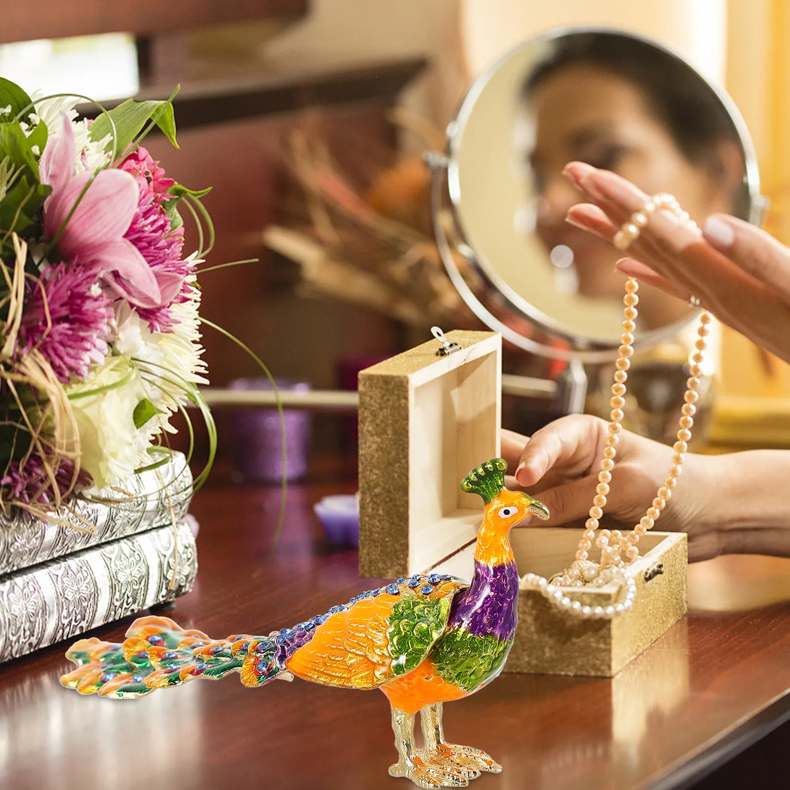 

Шкатулка для украшений из сплава в форме павлина, декоративный органайзер, витрина для ювелирных изделий, настольное украшение, шкатулка для мелочей