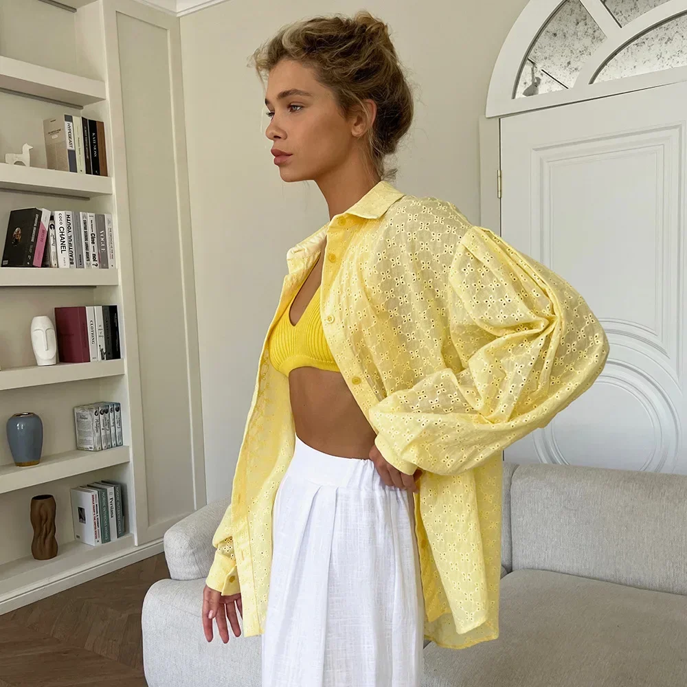 100% Cotton White Shirt for Women Vintage Hollow-out Jacquard Shirt Chic Lantern Sleeve Loose Blouse Blusa Feminina