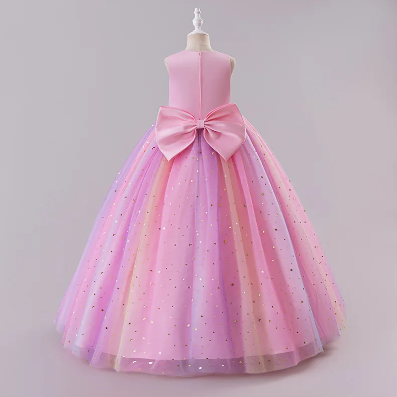 Fashion Flower Girls Party Dresses Mesh Lace Sleeveless Bow Children Girls Sequin Dress Summer Princess Dress Girls 3-13 Years