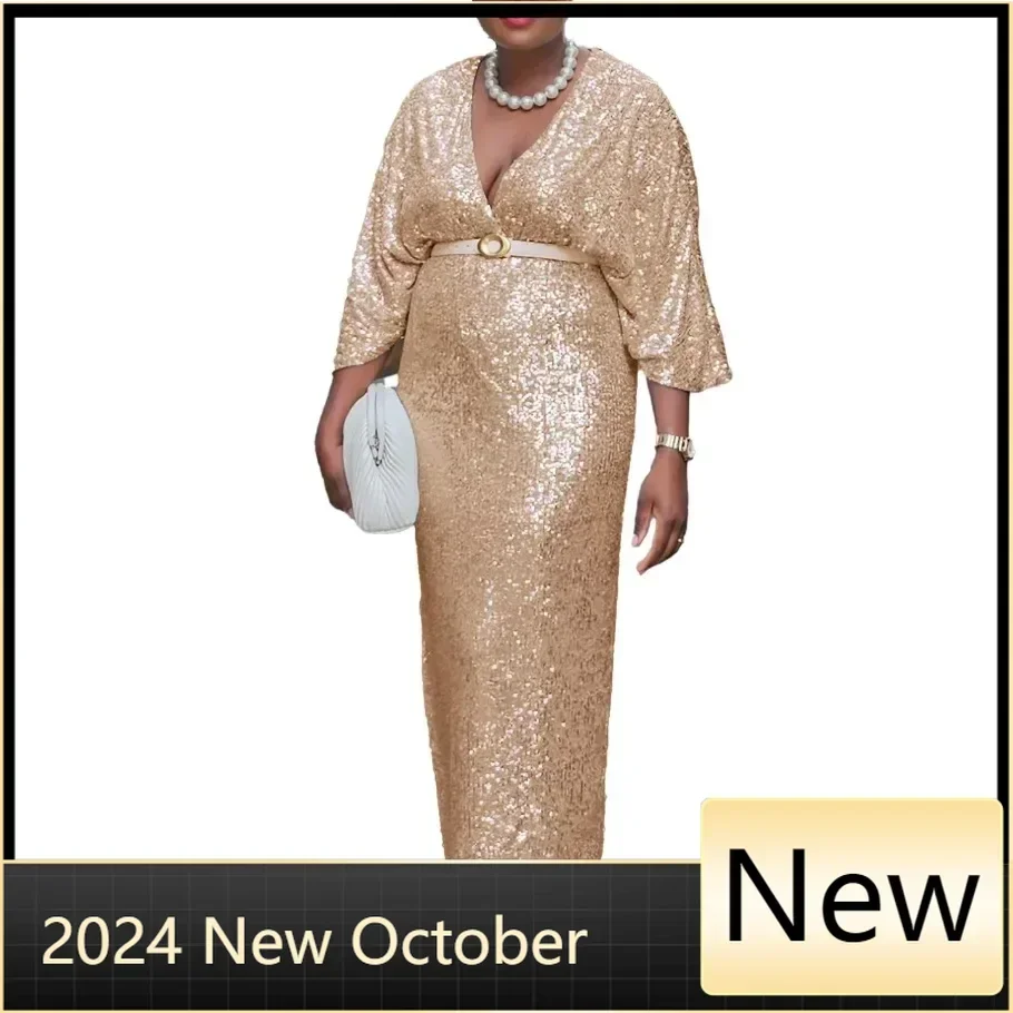 

Customized Sequin African Party Evening Dresses for Women Autumn Fashion African 3/4 Sleeve V-neck Christmas Maxi Dress Outfits