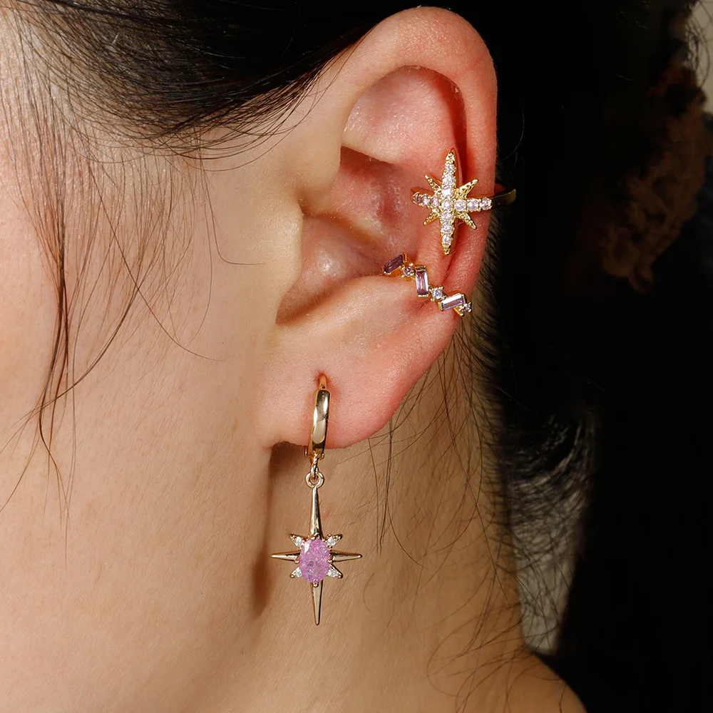 2PCS Multicolor Zircon Awn Star Drop Hoop Earrings For Women Stainless Steel Dainty Geometric Earring Christmas Wedding Jewelry