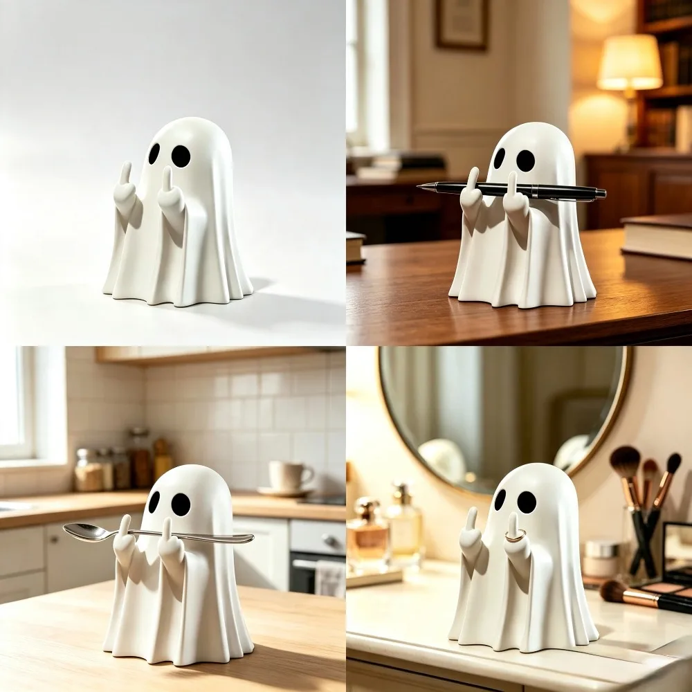 Halloween Ghost Figurine with Middle‑Finger Gesture, Multi‑Function Desktop Holder for Pens, Tableware & Jewelry, Creative Tabletop Decor Ornament