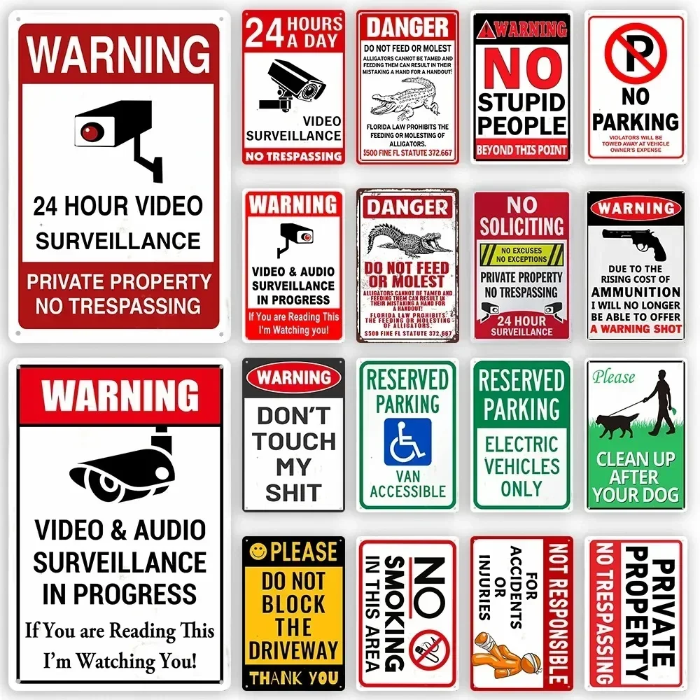 Metal Tin Signs Decor Warning 24 Hour Video Posters Surveillance Private Property No Trespassing Outdoor Indoor Wall Decor