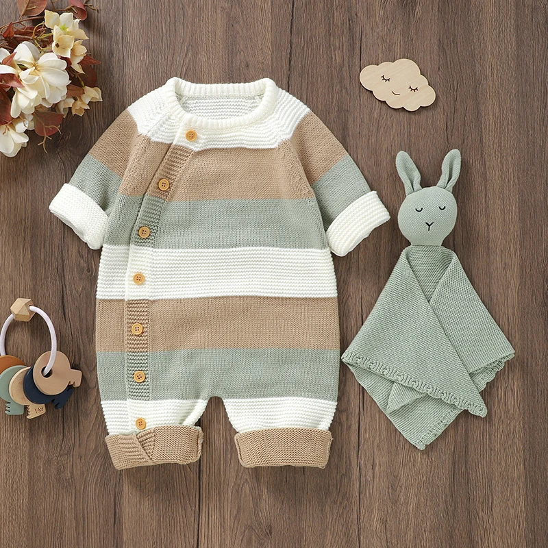 Baby Sweater Jumpsuit Long Sleeve Button Down Striped Knitted Romper Boys Girls 3 6 12 18 Months Fall Winter Clothes