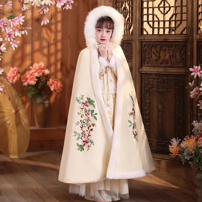 Outono inverno engrossar meninas bordado capa tradicional chinês hanfu exterior robe sorte ano novo crianças palco desempenho capa