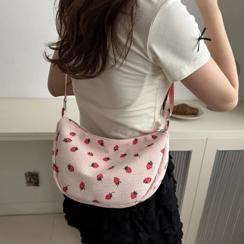 

Strawberry Print Hobo Bag Student Summer Commuter Crossbody Hobo Bag Corduroy Fresh Graceful Ladies' Shoulder Underarm Bag