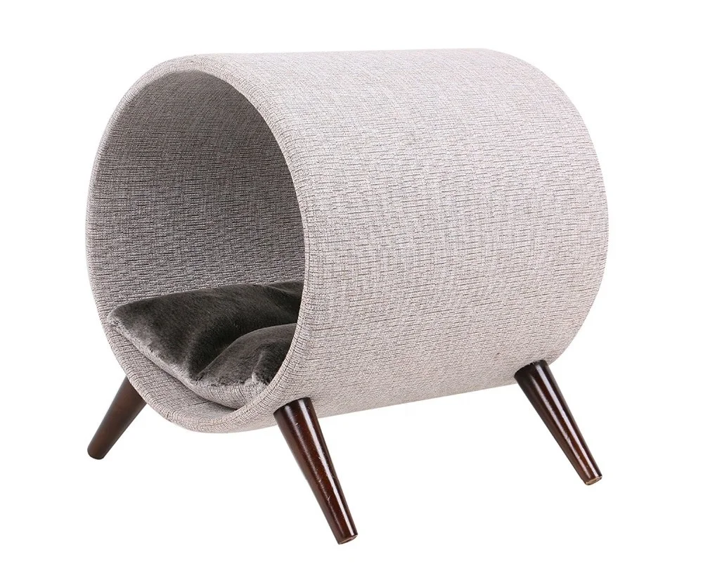 

Pet Tunnel Bed Grey and Brown Wooden Legs Cat Furniture 15 Inch Animal House