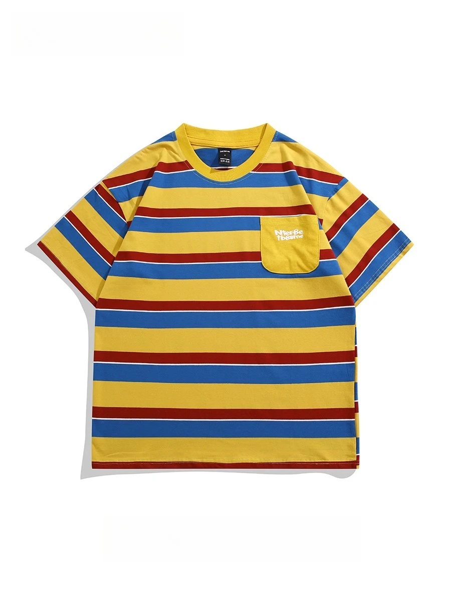 

Japanese Pure Cotton tees Contrast Striped Short-sleeved shirt Couple American High Street Heavy Casual Trend Men Women T-shirts