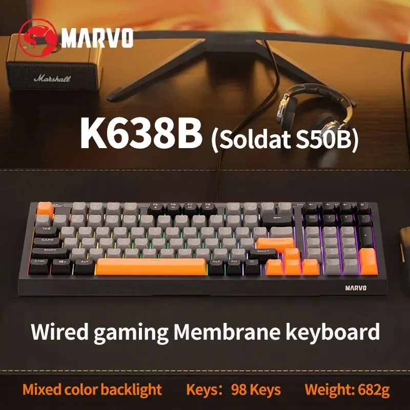 Проводная клавиатура MARVO K638B Soldat S50B, разноцветная подсветка с раскладкой 96%, бесшумные переключатели, 98 клавиш, игровая мембранная клавиатура