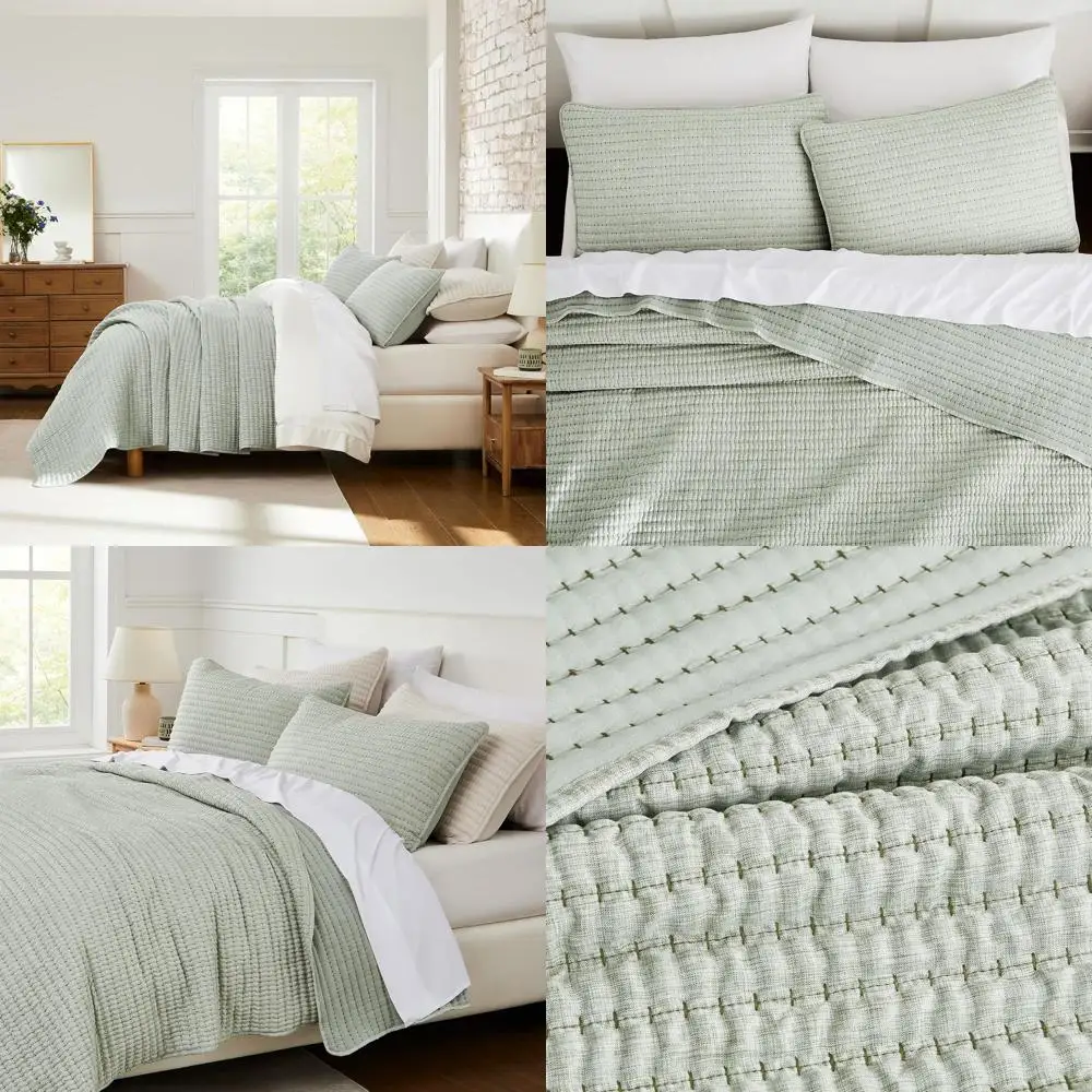 

Комплект постельного белья King Size Sage Green Pick Stitch, легкое летнее/весеннее покрывало в полоску, текстурированное покрывало под бамбуковый лен