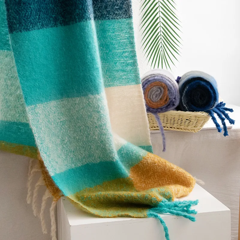 Шарф в клетку из мохера с элитным ощущением для женщин на осень и зиму. Пушистый и большой шарф для волос для пар. Шаль.