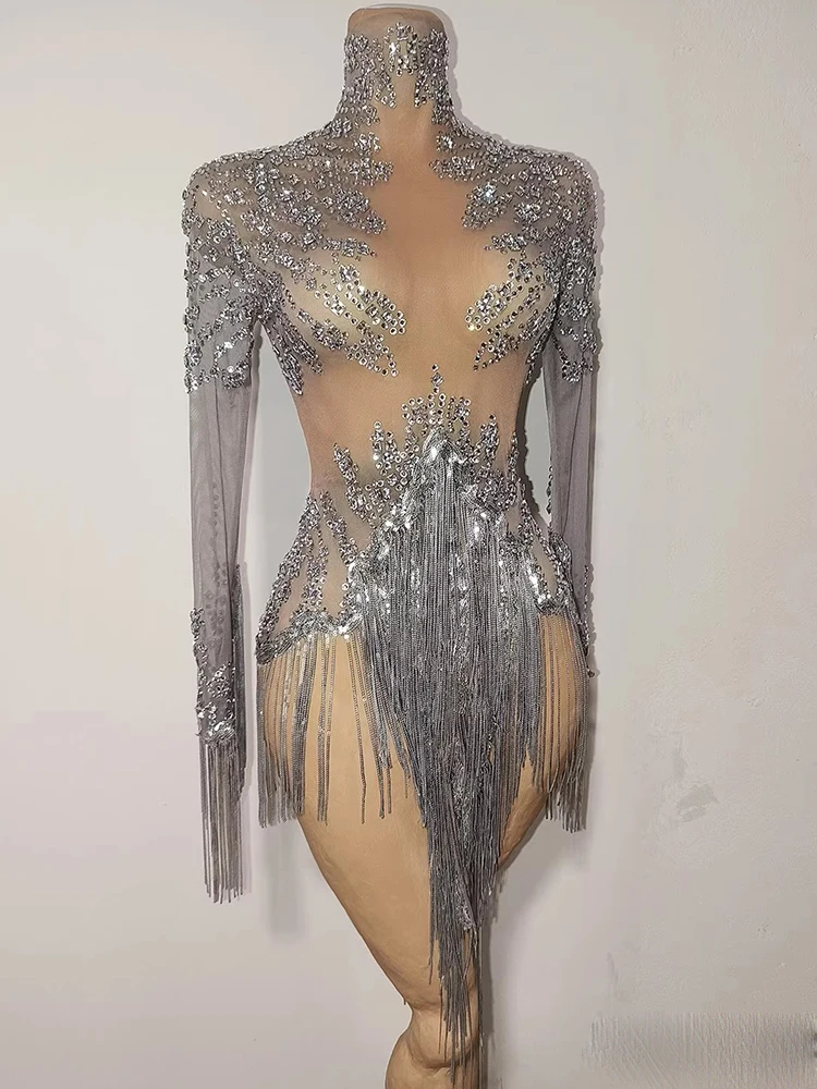 High Quality Rhinestone Tassel Sexy See Through Mesh Long Sleeved Jumpsuit 2025 New Fashion Custom Women'S Clothing