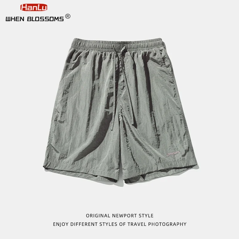 Men's Summer New Metal Texture Beach Shorts Versatile Straight Leg Casual Contrast Embroidered Shorts