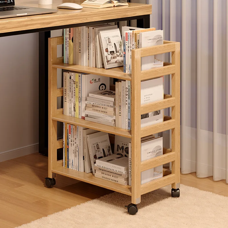 All solid wood mobile bookshelf with wheels, under desk shelf, floor-to-ceiling office, multi-layer storage shelf, small bookcas