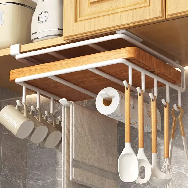 Kitchen Cabinet Under Shelf Chopping Board Pot Cover Holder Metal Cupboard Mug Cup Hanger Row Hooks Towel Roll Paper Rack Holder