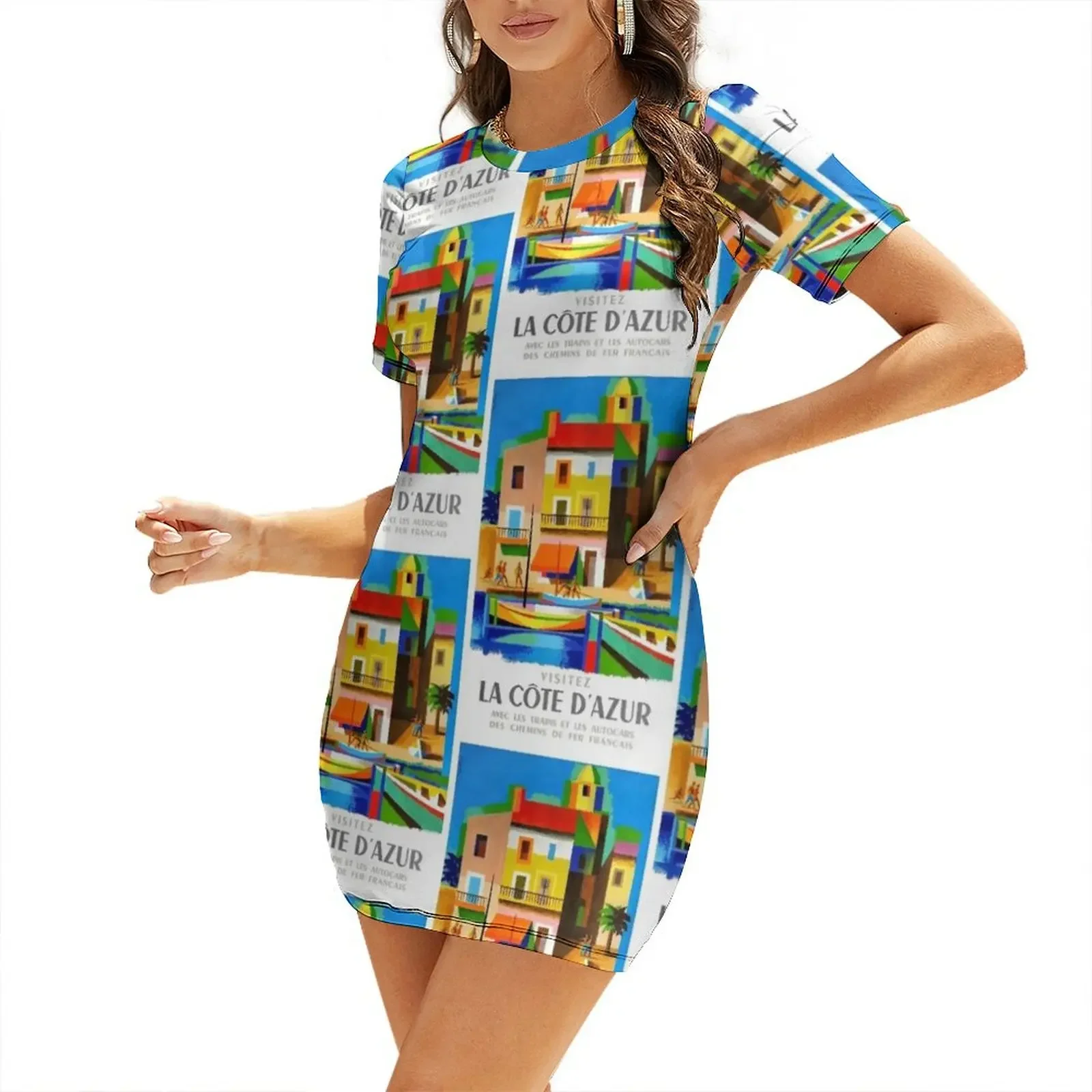 

1963 Cote d'Azur French Riviera Vintage World Travel Poster Short-Sleeved Dress Women's skirt Dress