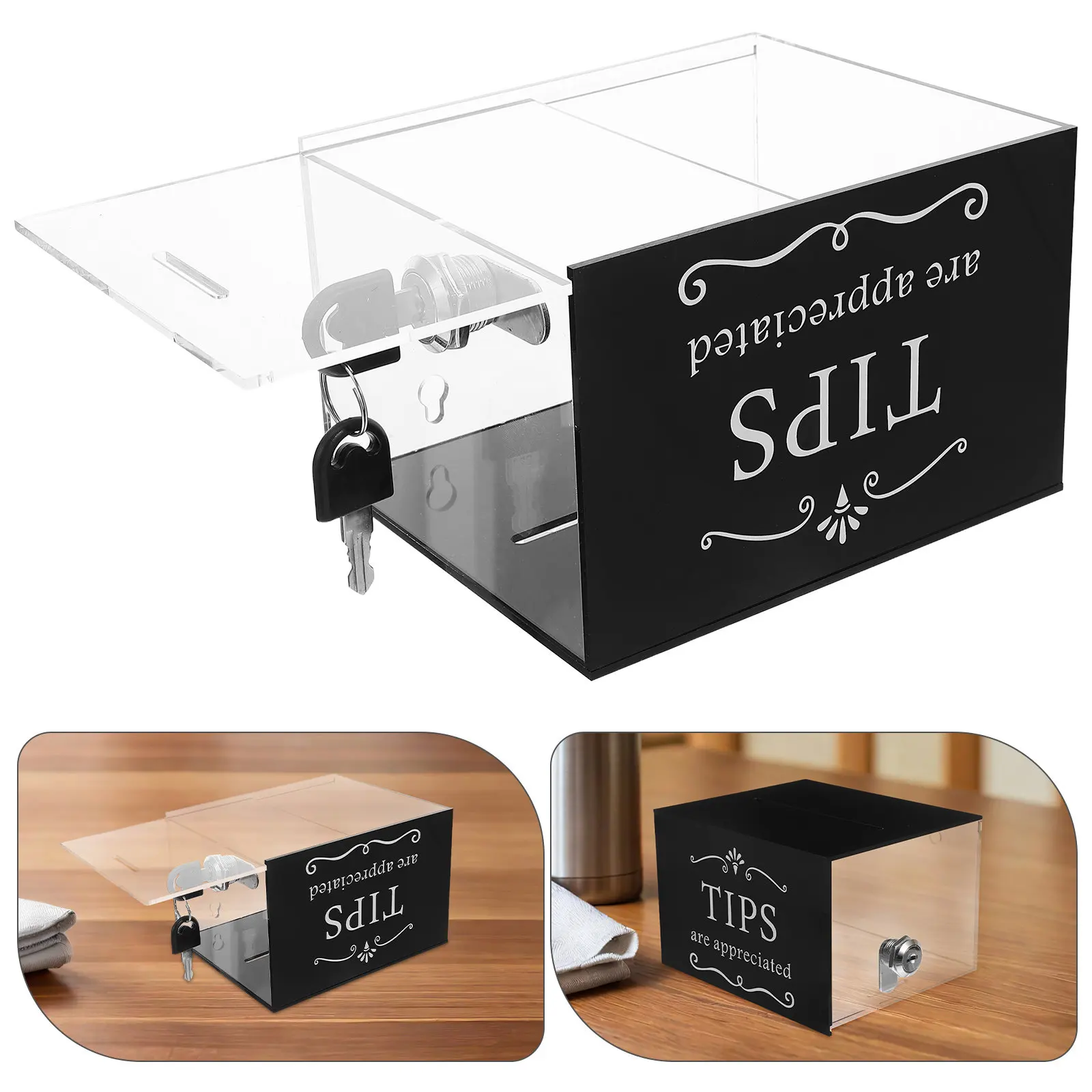 Tip Jar Lock Clear Acrylic Transparent Money Storage Container for Restaurants Cafes Bars Donations Fundraising