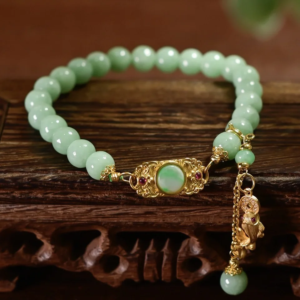 Natural A Grade Jade Beaded Bracelet S925 Silver Gold Plated Koi Fish Coin Pendant Chinese Style Women Wrist Jewelry