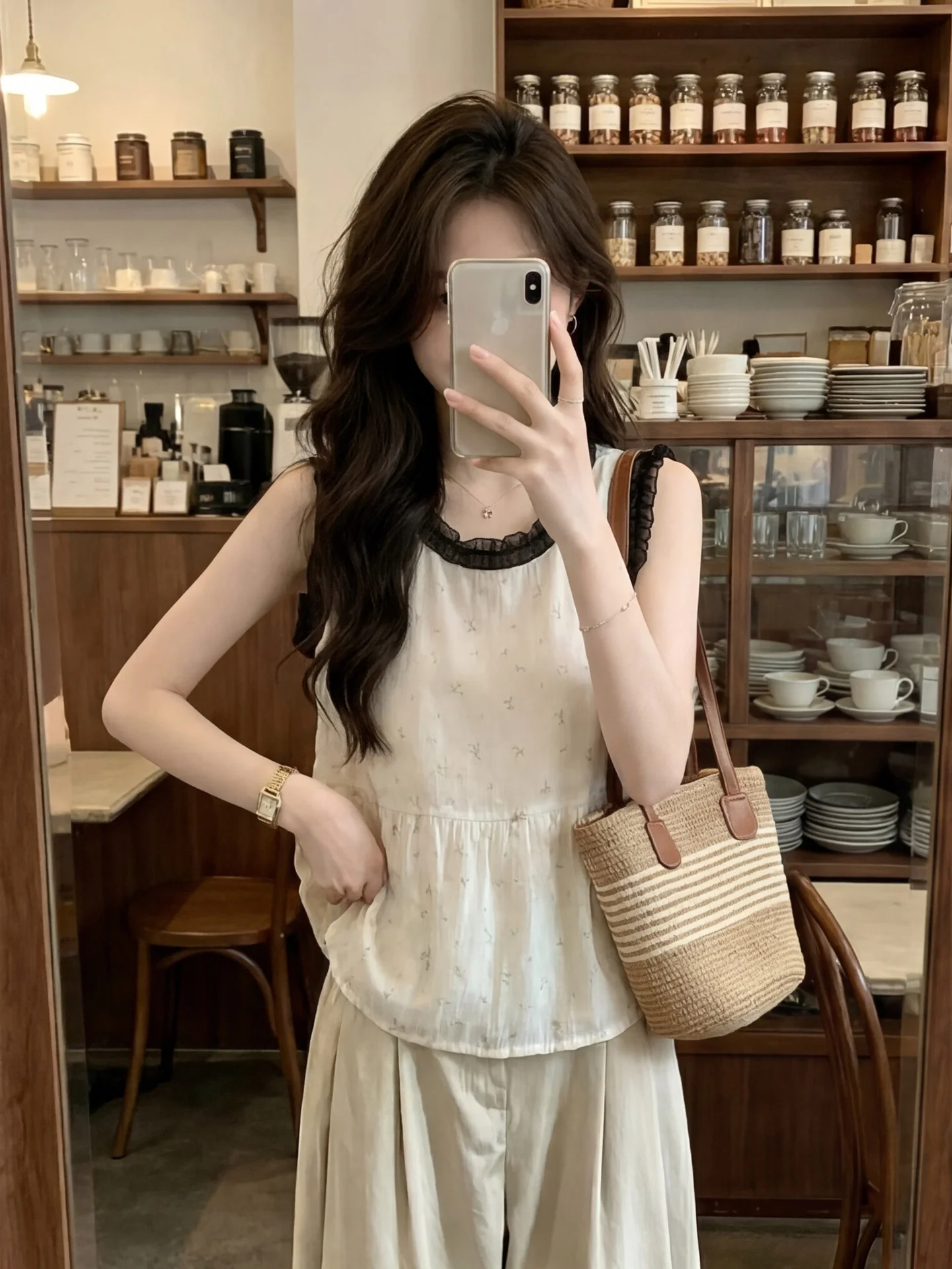 

Unique Floral Patchwork Summer New Style Women's Sleeveless round Neck Vest Beautiful Lace Collar Color Block Breathable Shirt