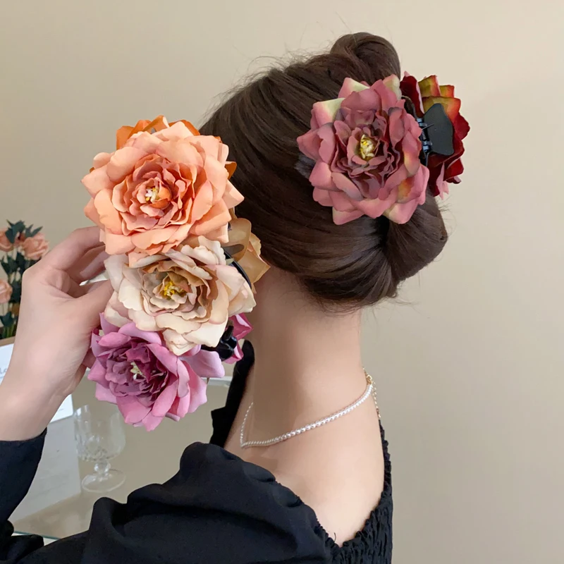 1/2 Pcs Gradient Colorful Dried Rose Flower Hair Claws for Women Vintage New Sweet Temperament Fashion Fairy Shark Clips Sets