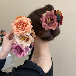 1/2 Pcs Gradient Colorful Dried Rose Flower Hair Claws for Women Vintage New Sweet Temperament Fashion Fairy Shark Clips Sets
