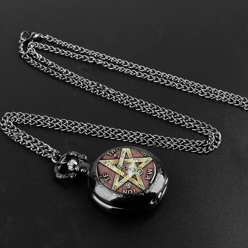 أزياء سوداء الفولاذ المقاوم للصدأTetragramaton تصميم كوارتز ساعة الجيب قلادة المرأة مجوهرات سلسلة بدلاية سحر محظوظ