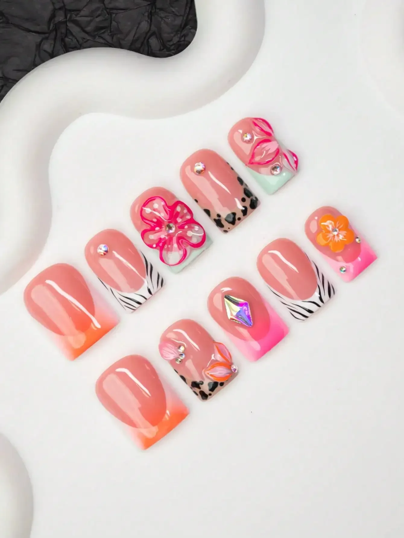 

10pcs Square Shaped Handmade Nail Tips, Y2K Baddie Style, Nude, Green, Brown, Pink Colors With French Tips, Leopard, Zebra, Carv