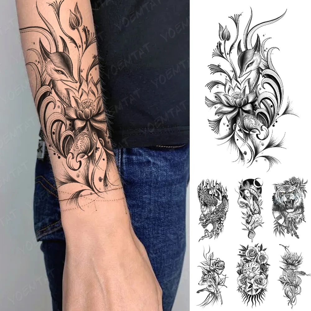 

Waterproof Temporary Tattoo Sticker Black Cartoon Nine-Tailed Fox Lotus Line Women Arm Sleeve Tatoo Fake Tattoos Body Art Men