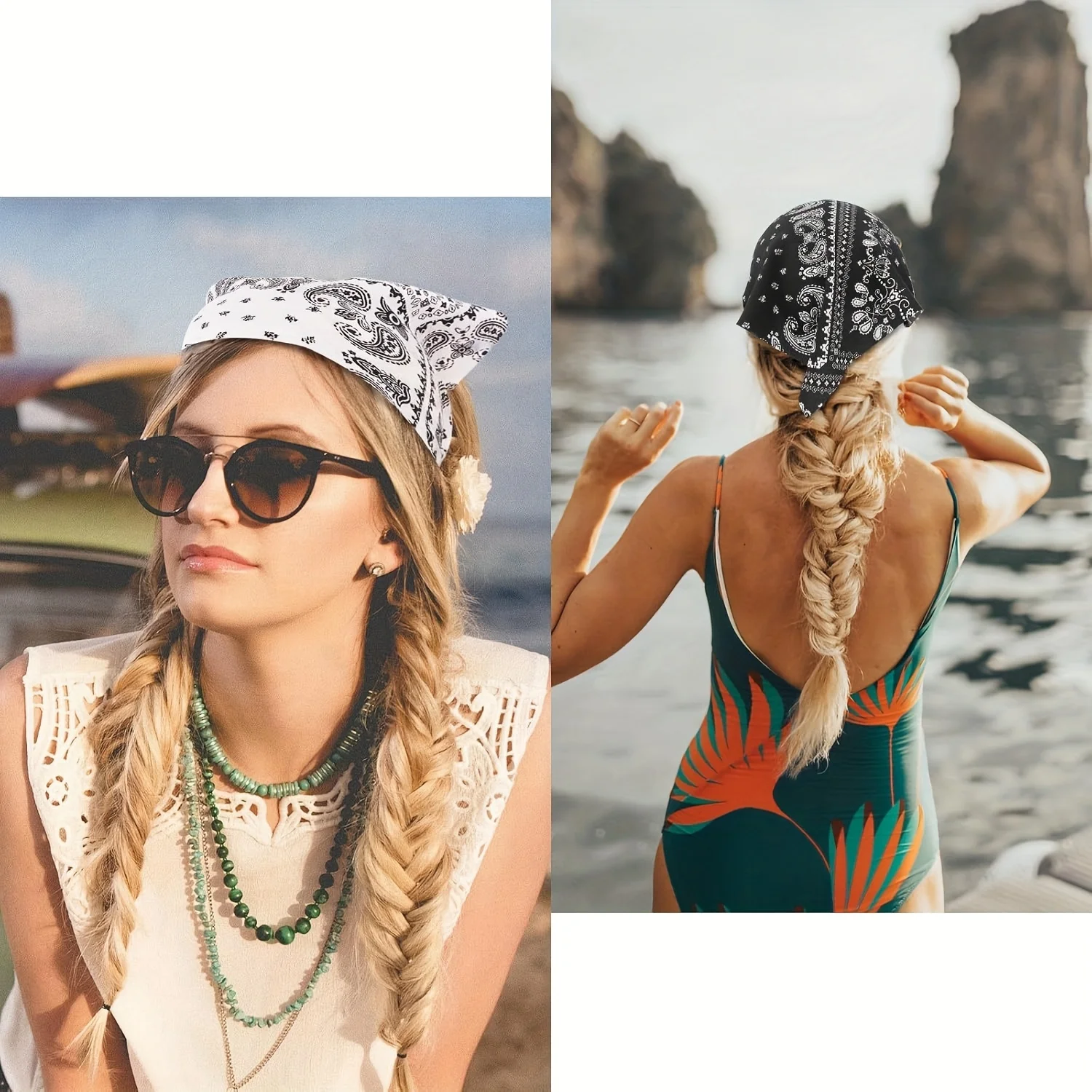 レディース三角弾性ヘッドスカーフ、レトロボヘミアンスタイルの滑り止めヘアアクセサリー4個。