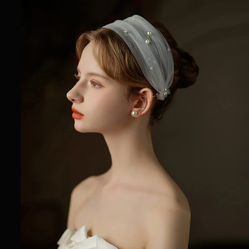 

Handmade Beaded Netting Hairband for Brides Travel Photoaphy Cute White Wedding Hair Accory Faionable Hairband