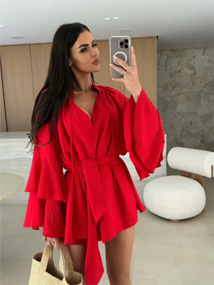 2025 Spring Summer Elegant Ruffle Loose Casual Flare Sleeve V neck Lace Up Irregular Solid Holiday Dresses Sexy Women Mini Dress