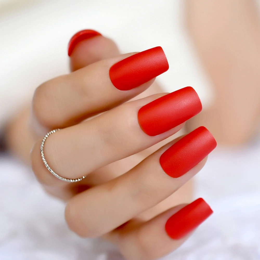 Matte Red False Nails Long Flat Shape Frosted Full Cover False Fake Nails DIY Nail Art Tips Decoration Design Finish Manicure