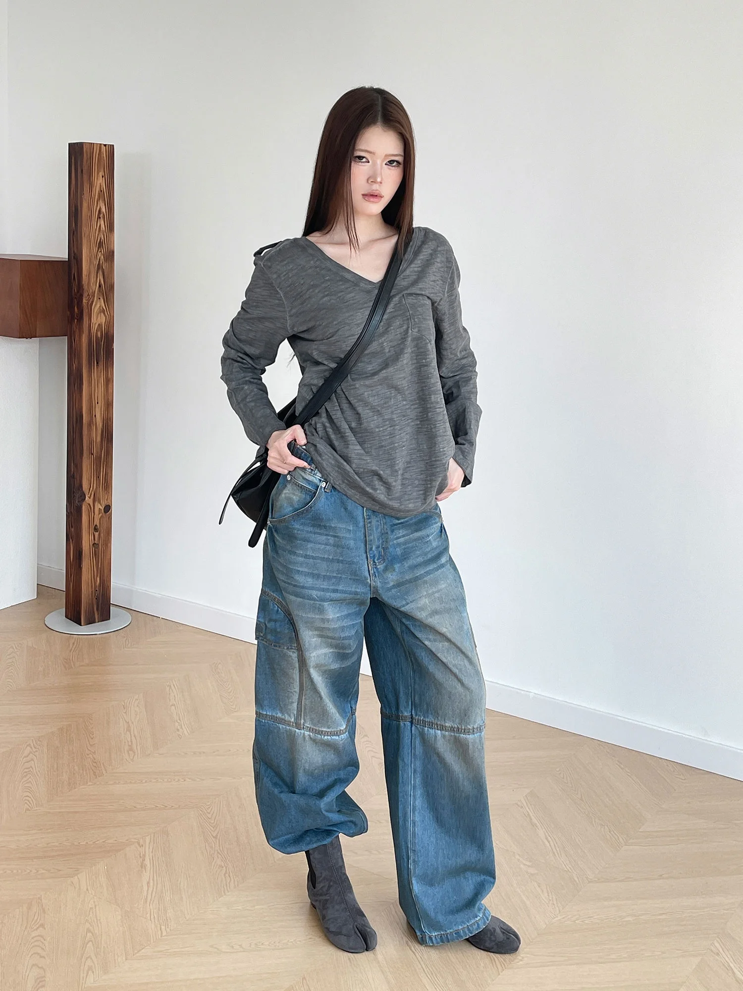 

Inbeowroom Американские широкие джинсы с завышенной талией в стиле ретро, свободные повседневные брюки High Street для мужчин и женщин, хлопковый цвет, все море...