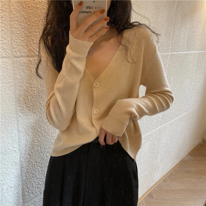 

Casual Chic V--neck Single Breasted Knitted Cardigan For Women Autumn Winter Solid Long Sleeve Elegant Ladies Sweater