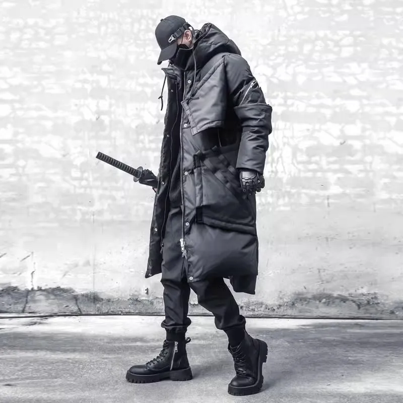 Casaco acolchoado longo com capuz masculino, Parkas preto funcional, jaqueta grossa, streetwear hip hop, roupa quente, blusão, inverno, 2023