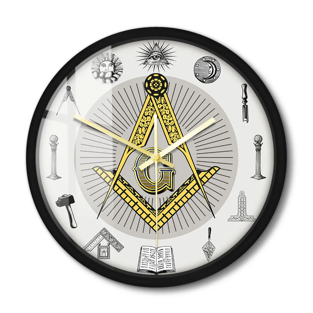 The Masonic Exchange White Square Compass Masonic Symbols Wall Clock Freemason Fancy Home Decor Clock Silent Quartz Wall Watch