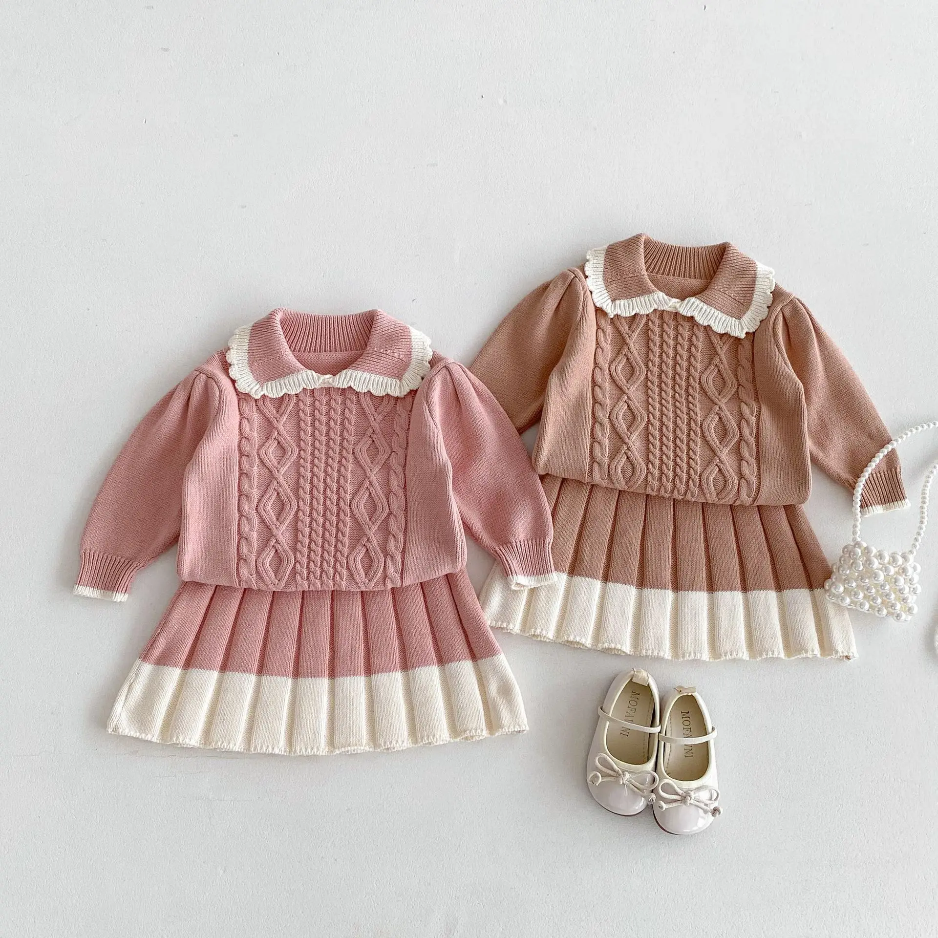 

2024 Autumn New Children Long Sleeve Clothes Set Baby Girls Lace Lapel Knitted Sweater + Skirts 2pcs Suit Kids Casual Outfits