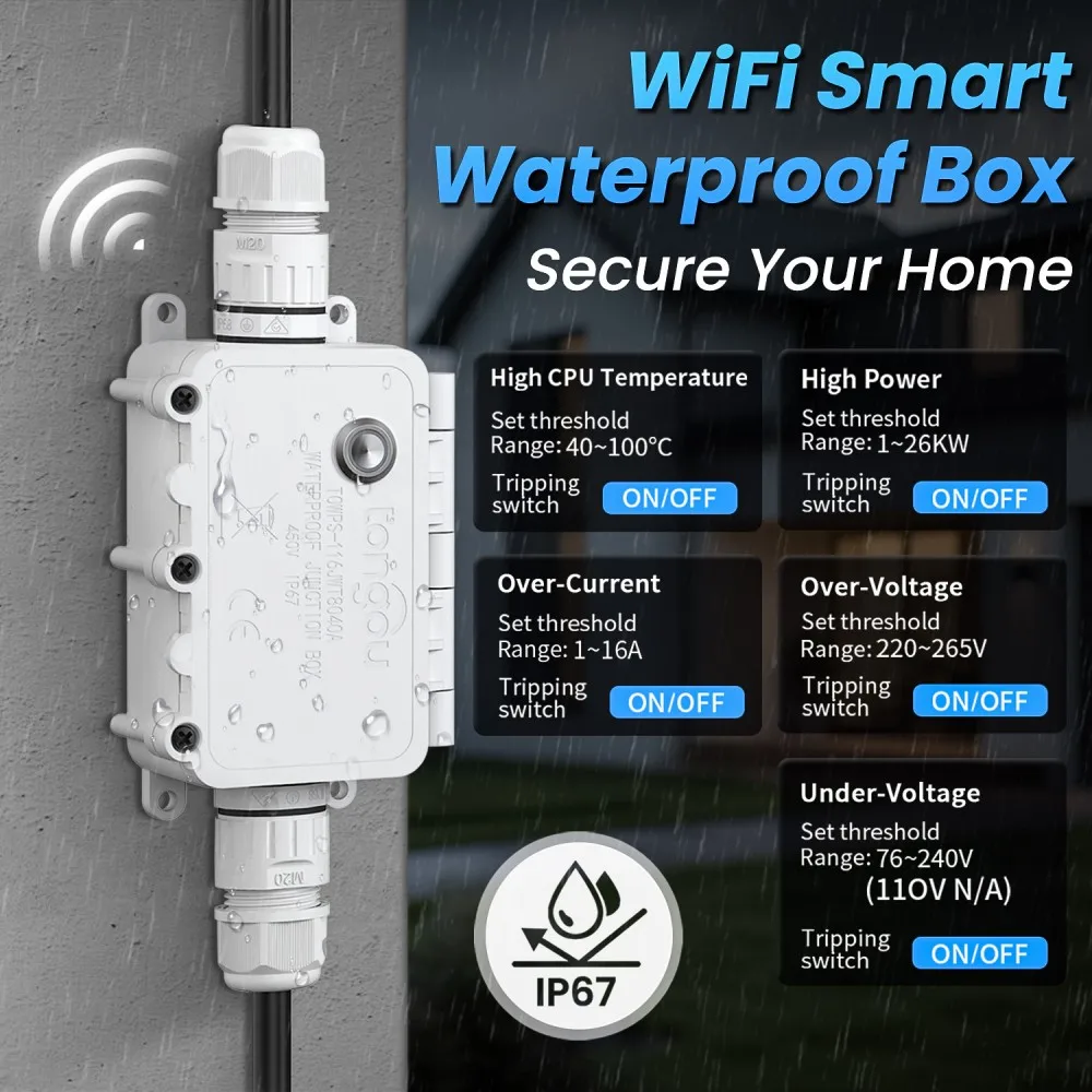 Tuya WiFi مفتاح ذكي IP67 صندوق وصلات مقاوم للماء مراقبة الطاقة 1-16A مفتاح مؤقت قابل للتعديل الجهد والحماية الحالية